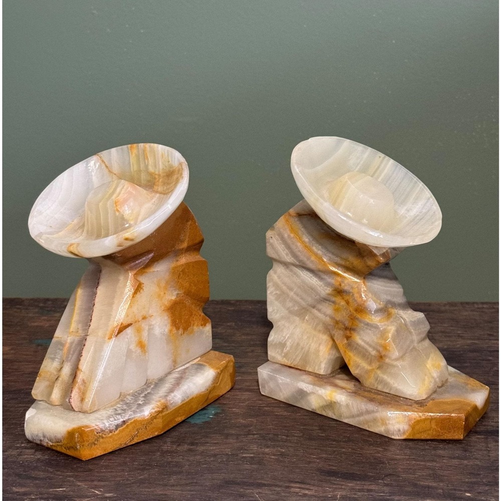 Vintage Hand Carved Onyx Mexican Sombrero Siesta Man Bookends